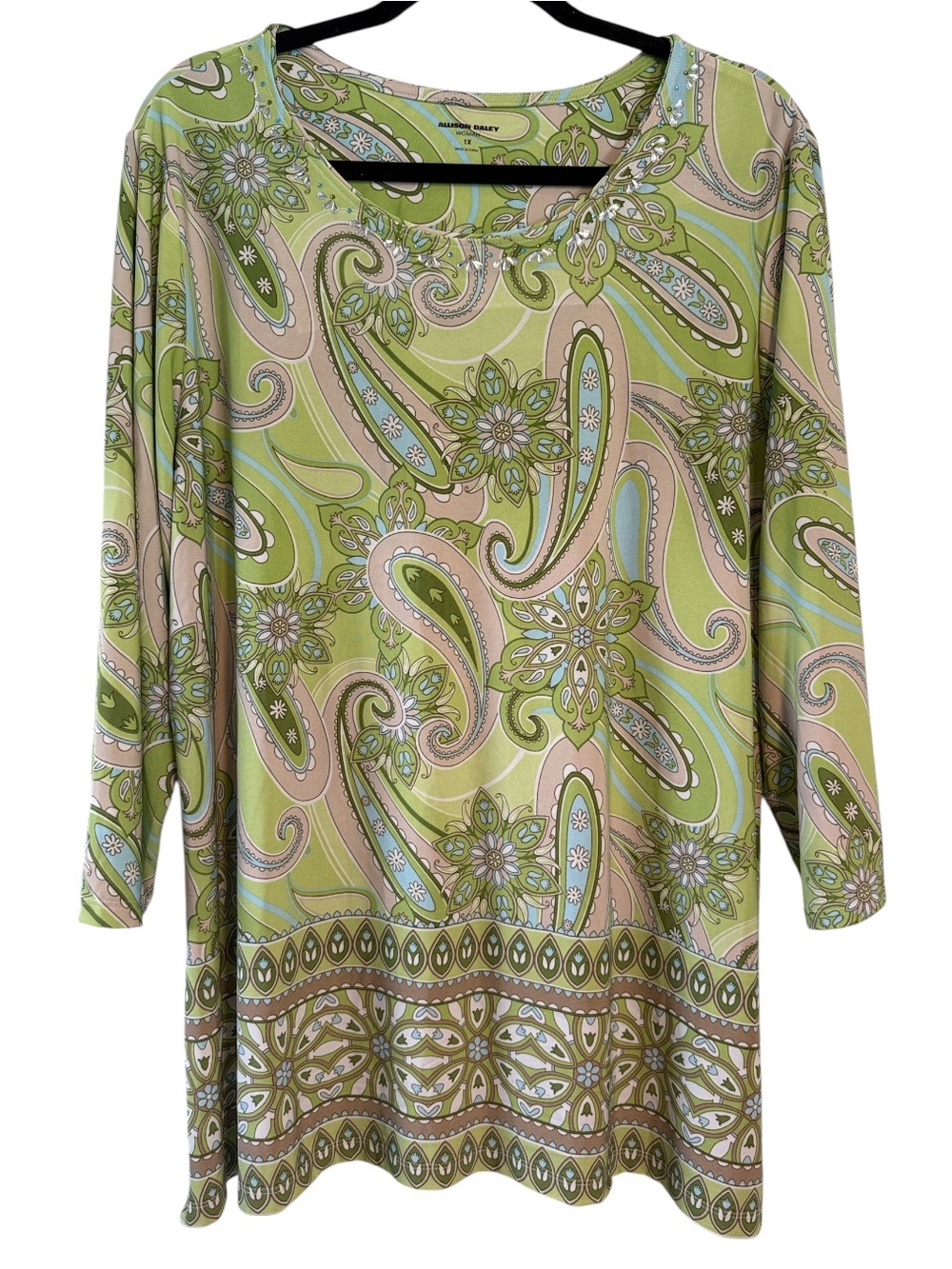 Allison Daley Green and Pink Paisley Print Long Sleeve Tunic Top NWT